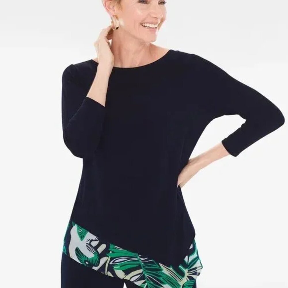 Chico's Travelers size 2 Large Navy Blue Classic Palm Trim 3/4 top